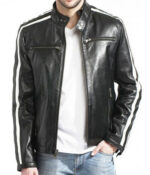 Mens Biker Black Leather Jacket With White Stripes