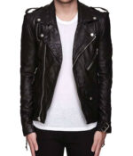 Mens Asymmetrical Belted Black Leather Jacket - Image 2