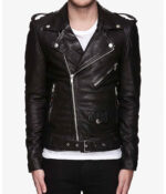 Mens Asymmetrical Belted Black Leather Jacket