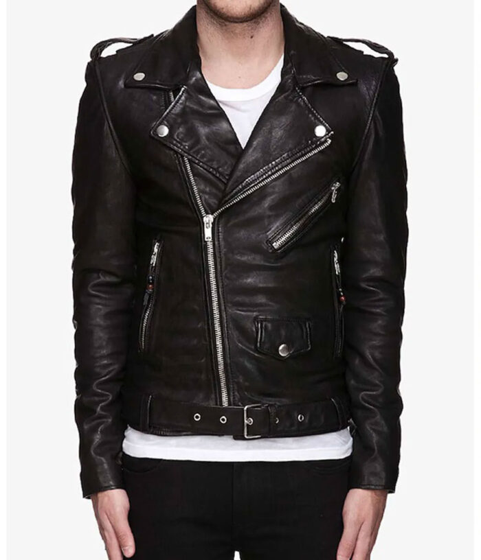 5 Mens Asymmetrical Belted Black Leather Jacket - Image 1