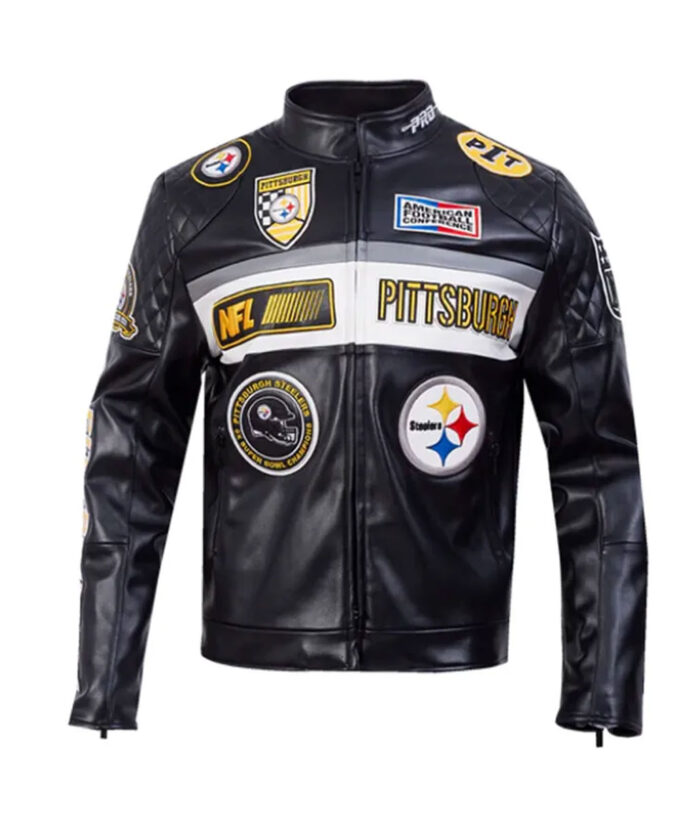 6 Mens Pittsburgh Steelers Black Moto Jacket - Image 1