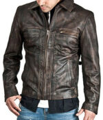 Mens Brown Zip-Up Shirt Collar Distressed Jacket