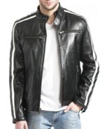 Mens Biker Black Leather Jacket With White Stripes