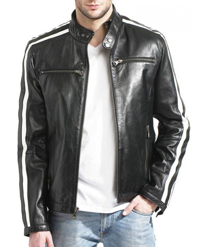 Mens Biker Black Leather Jacket With White Stripes