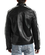 Mens Biker Black Leather Jacket With White Stripes B