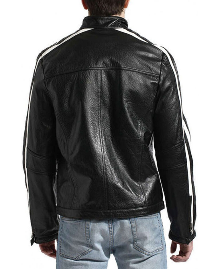 Mens Biker Black Leather Jacket With White Stripes B