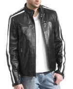 Mens Biker Black Leather Jacket With White Stripes S