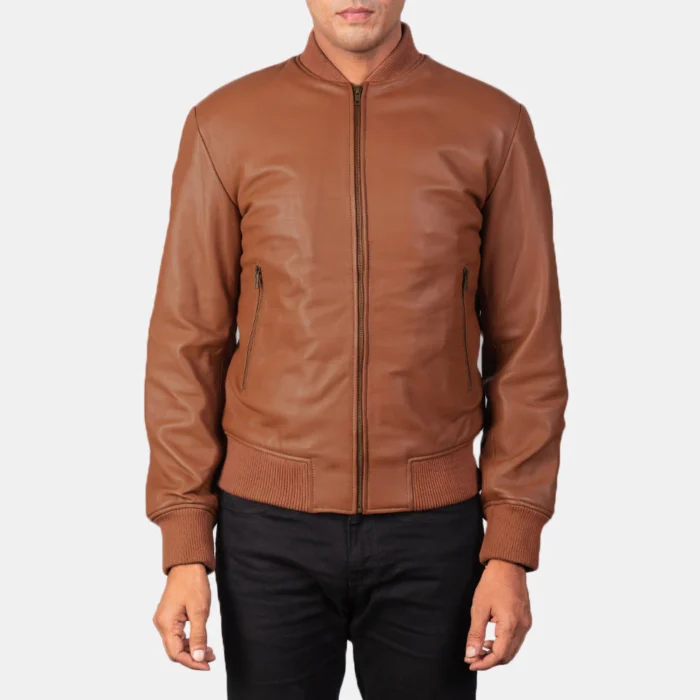 Mens Casual Brown Bomber Leather Jacket