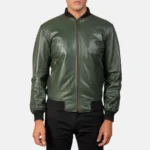 Mens Casual Green Bomber Leather Jacket