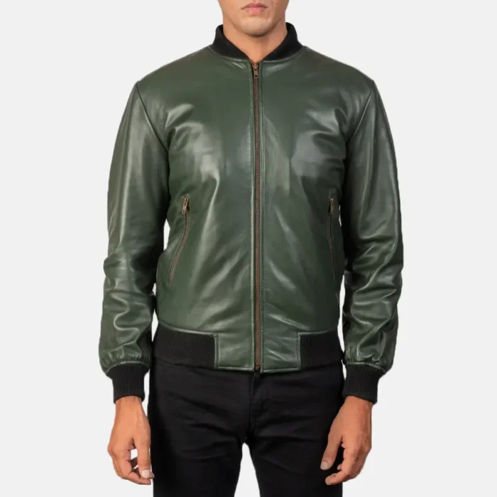 Mens Casual Green Bomber Leather Jacket