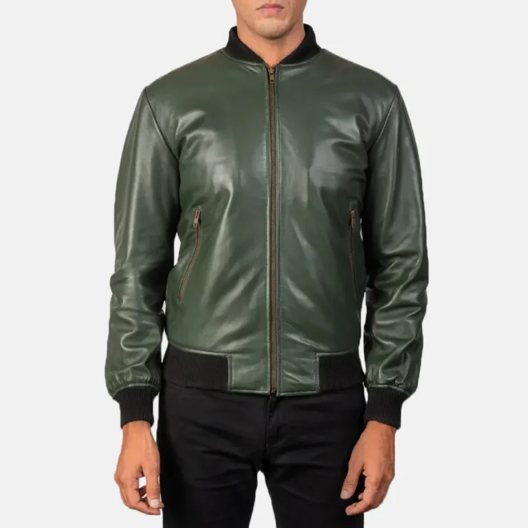 Mens Casual Green Bomber Leather Jacket