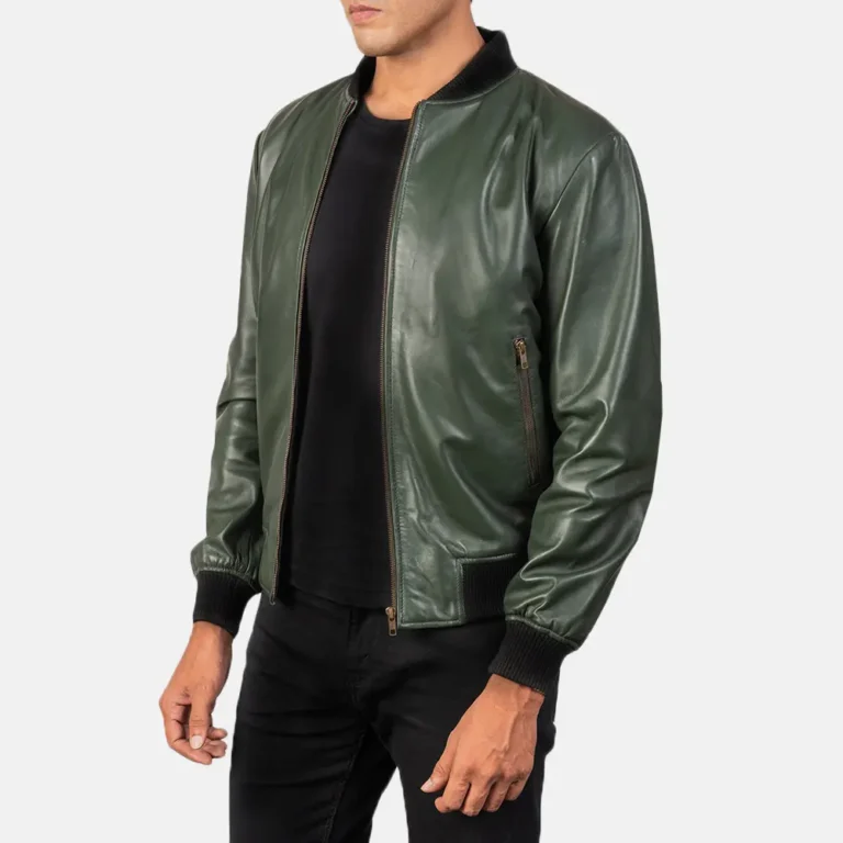 Mens Casual Green Bomber Leather Jacket S