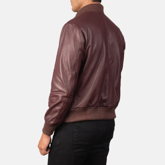 Mens Casual Maroon Bomber Leather Jacket B