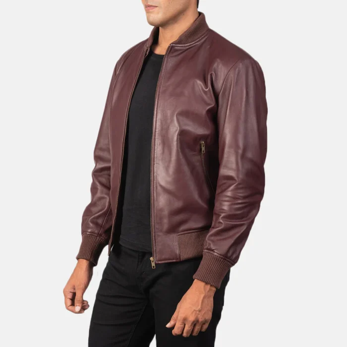 Mens Casual Maroon Bomber Leather Jacket S