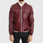 Mens Maroon Stitched Bomber Leather Jacket
