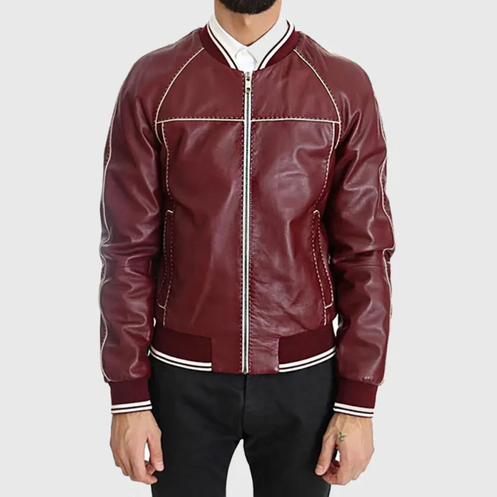 Mens Maroon Stitched Bomber Leather Jacket Mens Maroon Stitched Bomber Leather Jacket