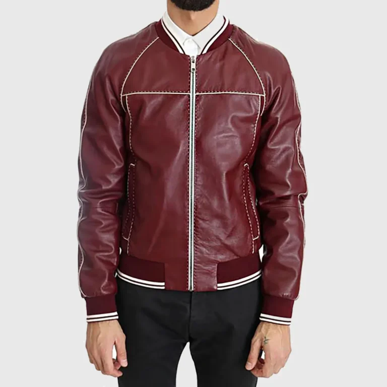 Mens Maroon Stitched Bomber Leather Jacket