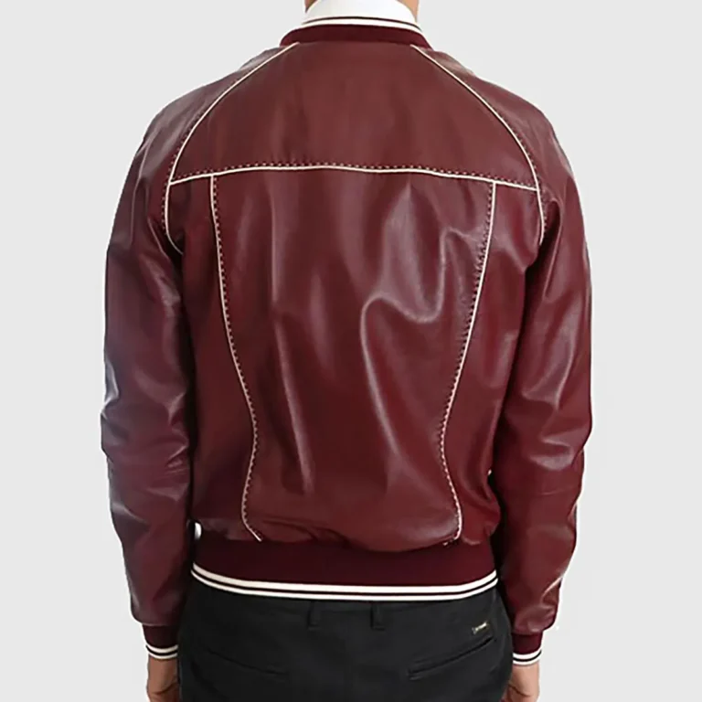 Mens Maroon Stitched Bomber Leather Jacket B
