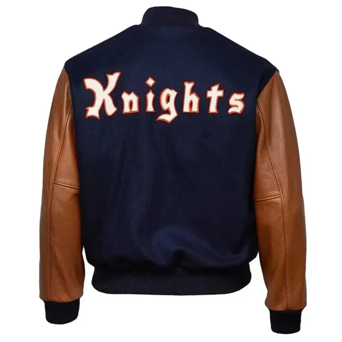 Mens Knights Navy Wool Brown Leather Jacket - Image 2