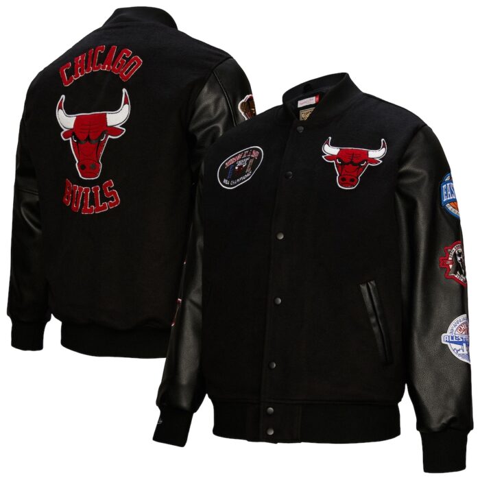 Men's Chicago Bulls Mitchell & Ness Black Hardwood Classics Blackout Collection Full-Snap Varsity Jacket