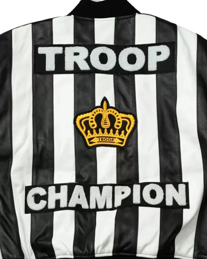 Men's Troop Champion Leather Jacket Black White Retro Hip Hop Bomber CoatView