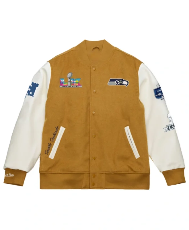 Super-Bowl-LX-Champions-2026-Seattle-Seahawks-Tan-and-Cream-Dusted-Varsity-Jacket