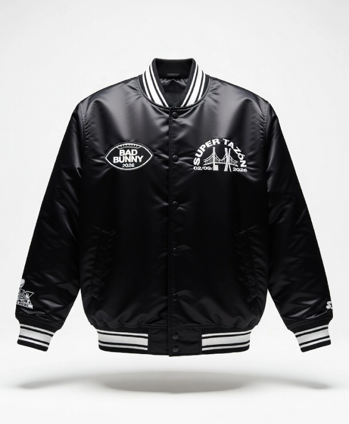 Super-Tazon-x-Bad-Bunny-Black-Starter-Satin-Varsity-Jacket