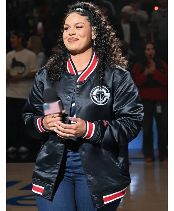 Jordin-Sparks-Los-Angeles-Clippers-Game-Striped-Black-Satin-Varsity-Jacket