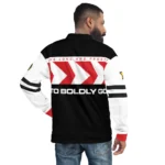 model-wears-striped bomber-jacket