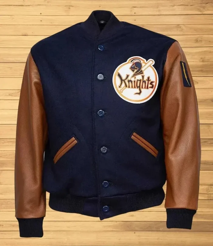 Mens Knights Navy Wool Brown Leather Jacket - Image 1