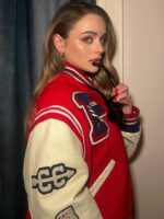 Joey King Fashion Week Red Varsity Jacket - Image 4