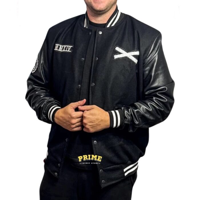 Front.jpg The Weeknd XO Black Wool Varsity Leather Jacket - Image 1