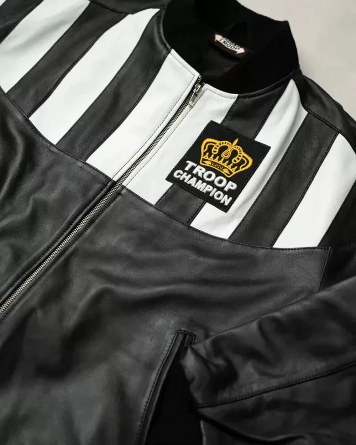 Men's Troop Champion Leather Jacket Black White Retro Hip Hop Bomber CoatView Sold History - Image 3