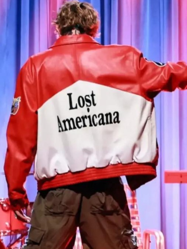 The-Tonight-Show-Starring-Jimmy-Fallon-MGK-Leather-Lost-Americana-Jacket-Red-And-White