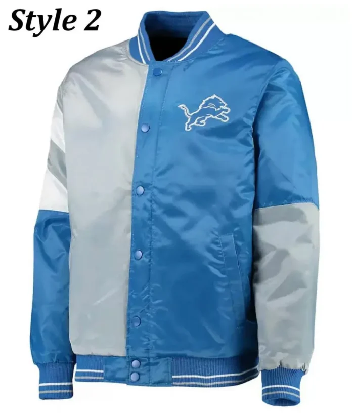 Detroit Lions Satin Blue and Grey Starter Jacket - Image 3