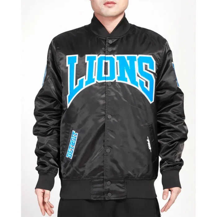 Detroit Lions Crest Emblem Black Satin Jacket - Image 1