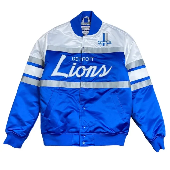 Special Script Detroit Lions White and Blue Satin Jacket - Image 1