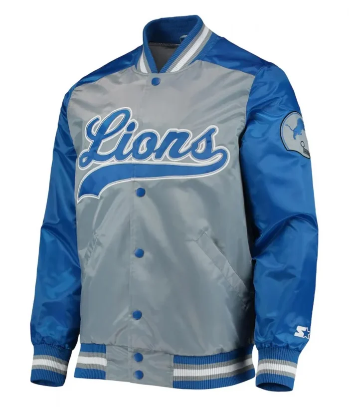 Detroit Lions The Tradition II Grey and Blue Varsity Satin Jacket - Image 1
