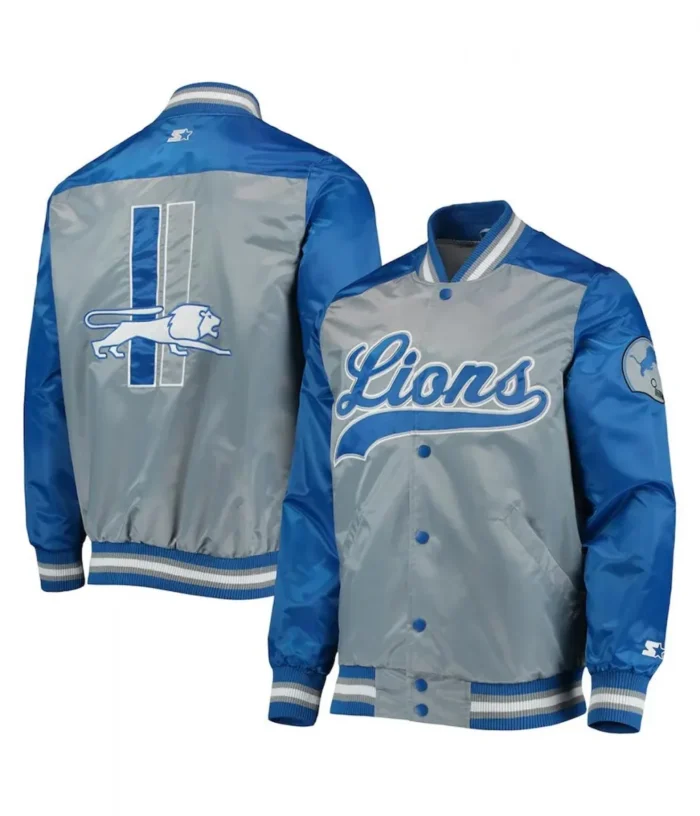 Detroit Lions The Tradition II Grey and Blue Varsity Satin Jacket - Image 3