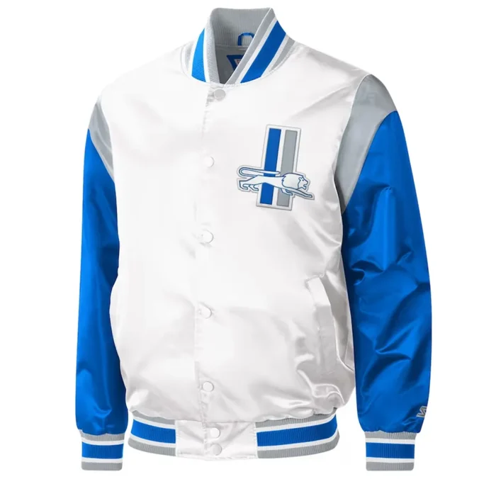 Throwback Warm Up Pitch Detroit Lions Varsity Satin Jacket - Image 1