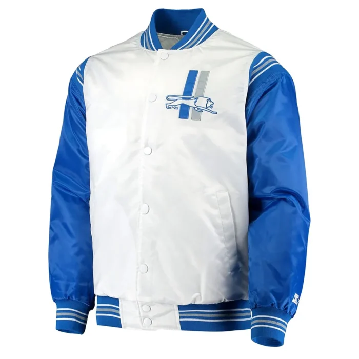 Detroit Lions Historic Logo Renegade White/Blue Satin Jacket - Image 1