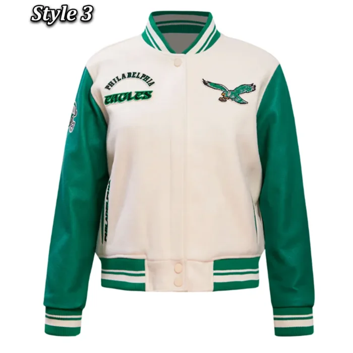 Philadelphia Eagles Cream/Green Retro Classic Varsity Jacket - Image 4