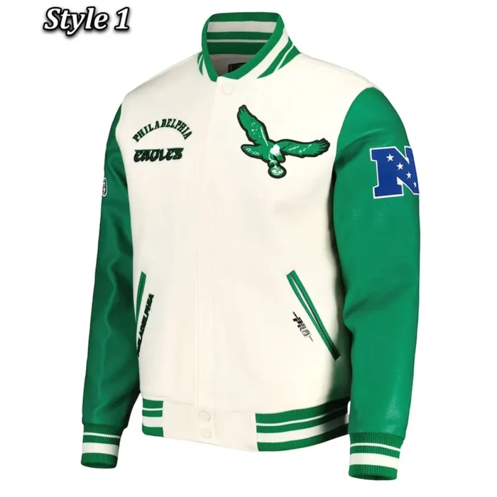 Philadelphia Eagles Cream/Green Retro Classic Varsity Jacket - Image 1