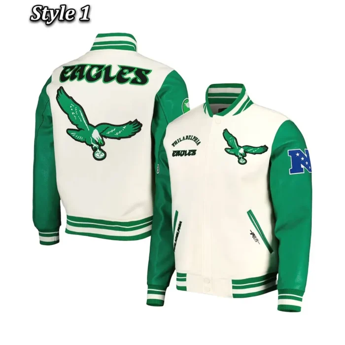 Philadelphia Eagles Cream/Green Retro Classic Varsity Jacket - Image 8