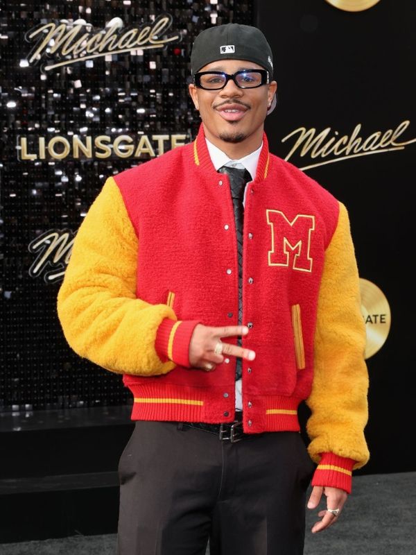 Michael Movie Premiere 2026 Ace Greene Red and Yellow Varsity Jacket