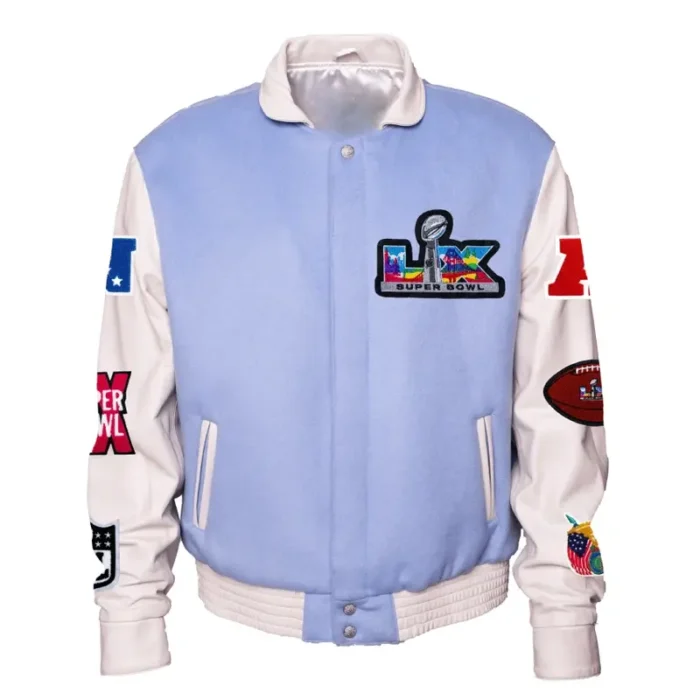 Super Bowl 2026 Jeff Hamilton Varsity Jacket Light Blue & White