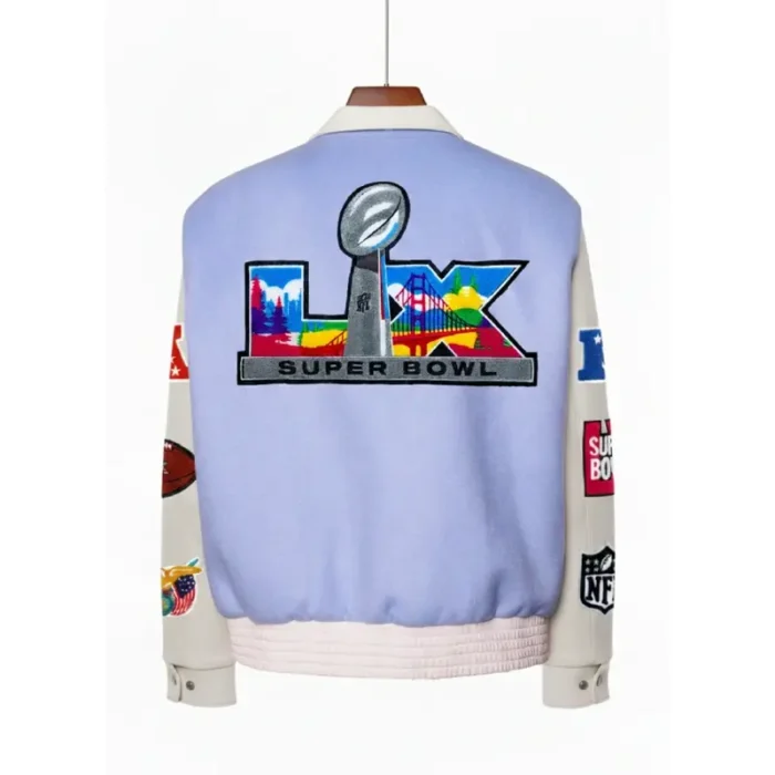 Super Bowl 2026 Jeff Hamilton Varsity Jacket Light Blue & White Back