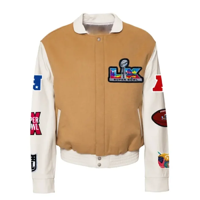 Super Bowl 2026 Jeff Hamilton Varsity Jacket Light Brown & White