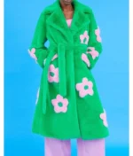 Carrie Preston Elsbeth Tv Series S03 Elsbeth Tascioni Green Shearling Robe Coat with Pink Flower