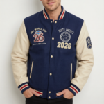 North America FIFA World Cup 2026 Full-Snap Varsity Navy and Beige Wool Leather Jacket